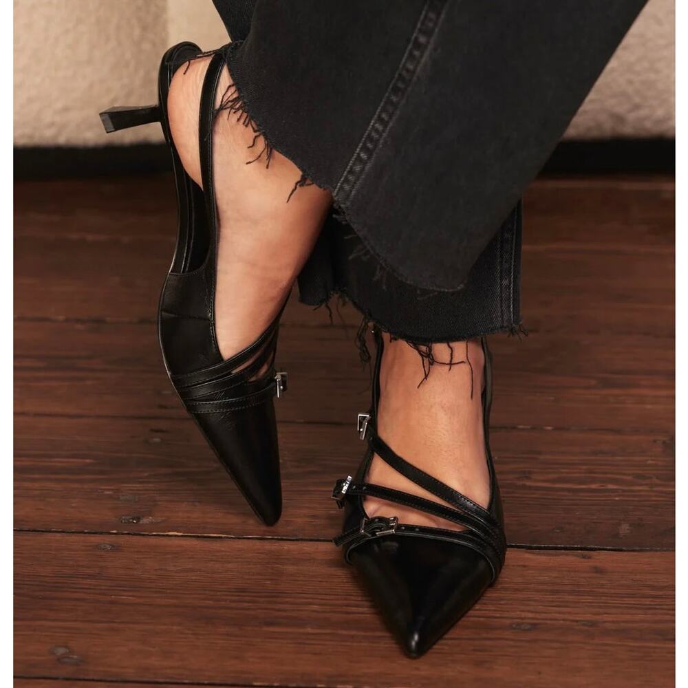 Black Pointed Slingback Heels with Straps